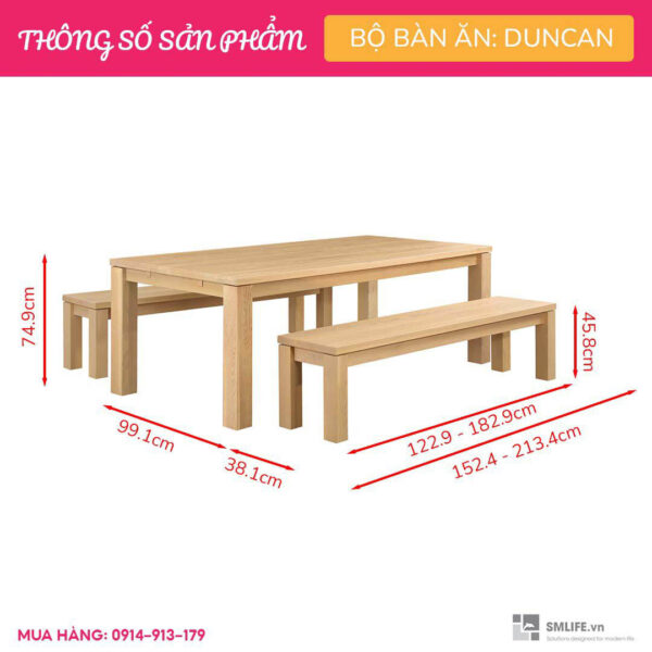 Bộ bàn ăn 2 ghế băng dài gỗ vân verneer sồi hiện đại Duncan | SMLIFE.vn