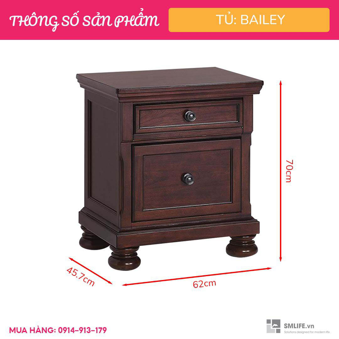 Tu dau giuong Bailey 15 Tủ đầu giường gỗ dương verneer gỗ anh đào tân cố điển Bailey | SMLIFE.vn
