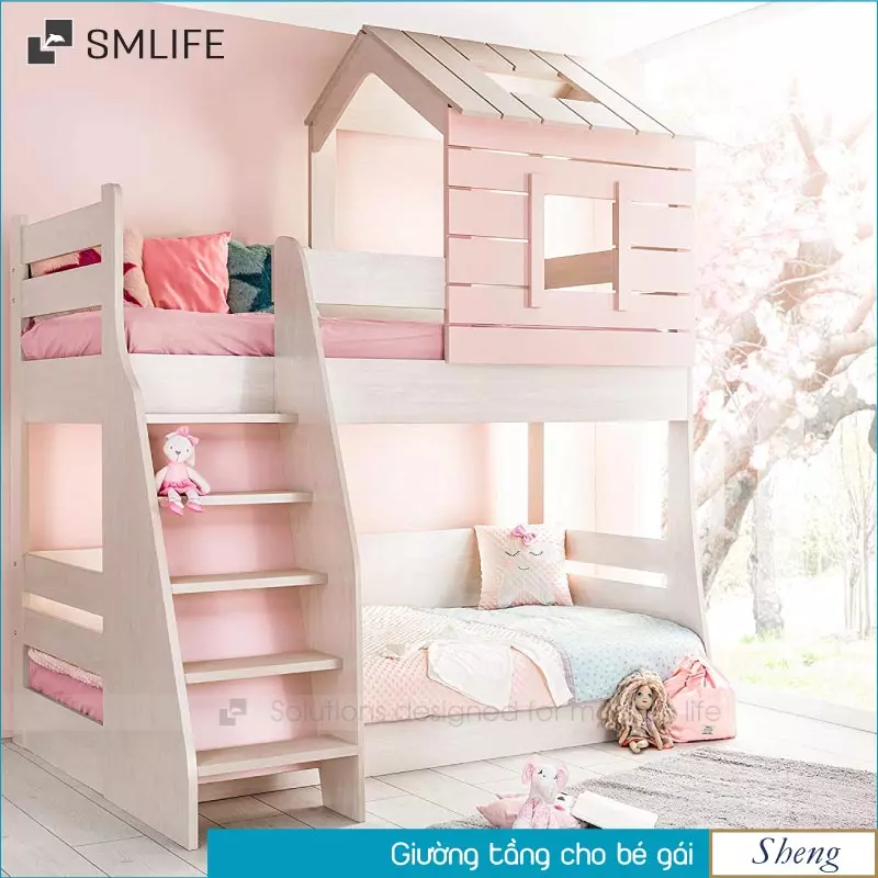 Giường tầng cho bé gái màu hồng phấn