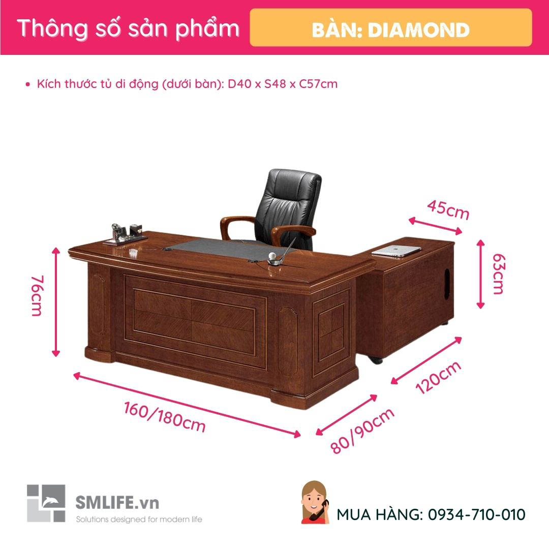 Bàn giám đốc cao cấp mặt cong sơn PU nhiều size Diamond | SMLIFE.vn
