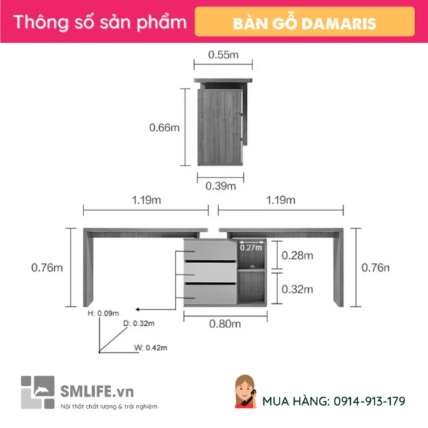 Bàn học 2m4 bằng gỗ dành cho 2 ngườ Damaris (2)