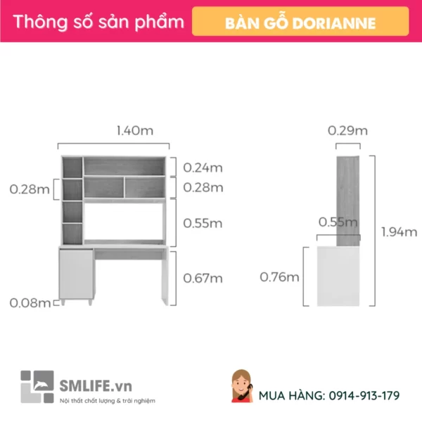 Bàn học gỗ phong cách thanh lịch Dorianne (2)