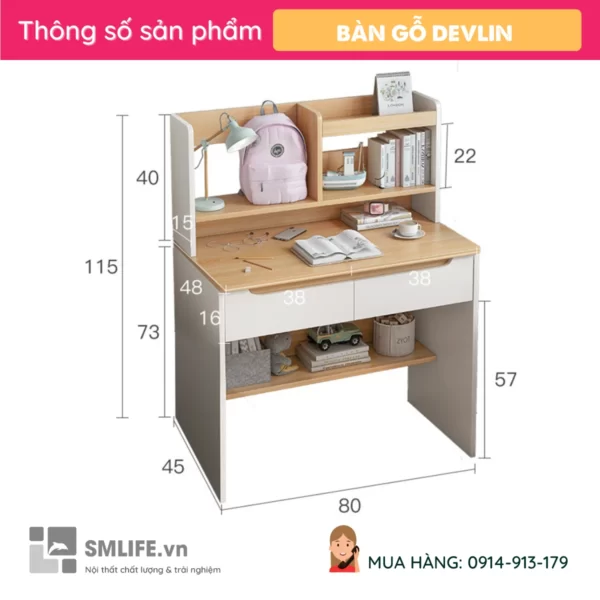 Bàn học sinh 80cm liền giá sách tiện lợi Devlin (2)