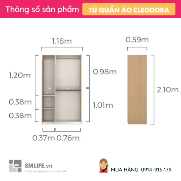 Tủ áo MDF thiết kế tinh tế, gọn gàng Cleodora (2)