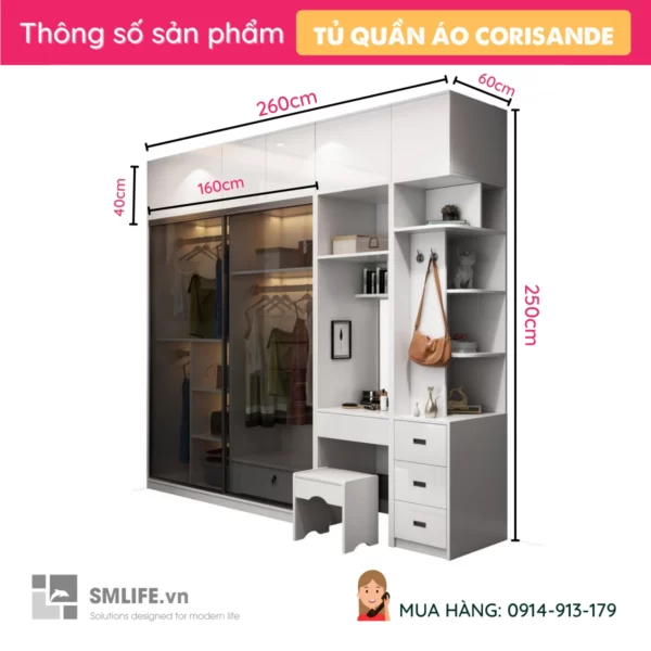 Tủ áo cánh kính cường lực sang trọng Corisando