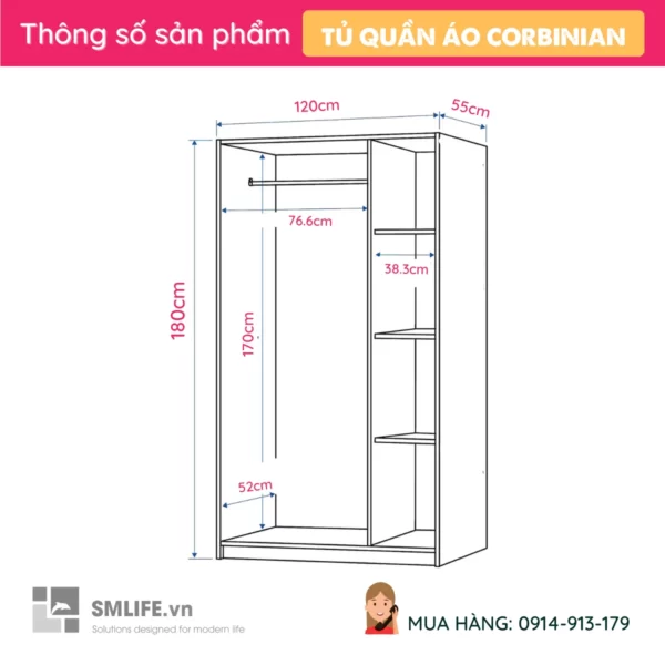 Tủ áo cánh mở thiết kế nhỏ gọn Corbinian (2)