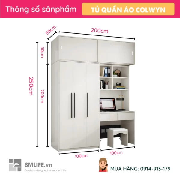 Tủ áo kết hợp bàn làm việc đẹp Colwyn (2)