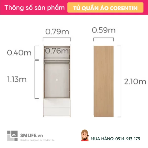 Tủ để quần áo bằng gỗ công nghiệp MDF Corentin (2)