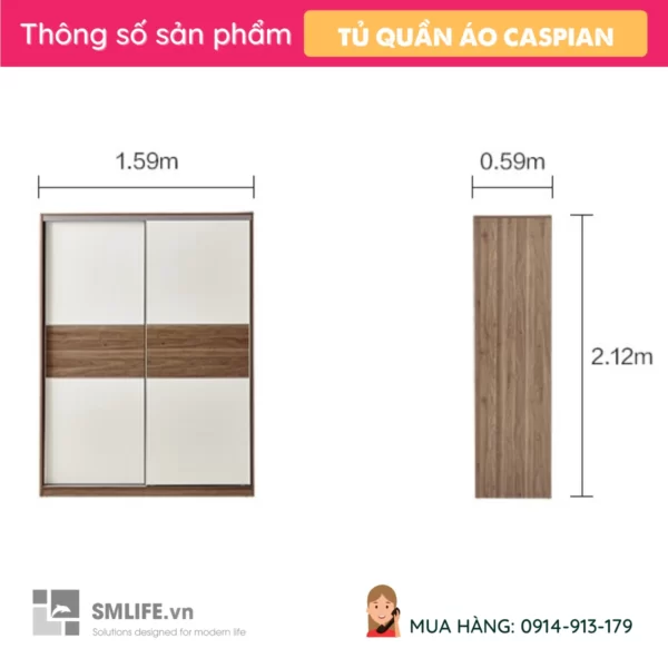 Tủ để quần áo cánh trượt gỗ MDF cốt lõi xanh Caspian (2)