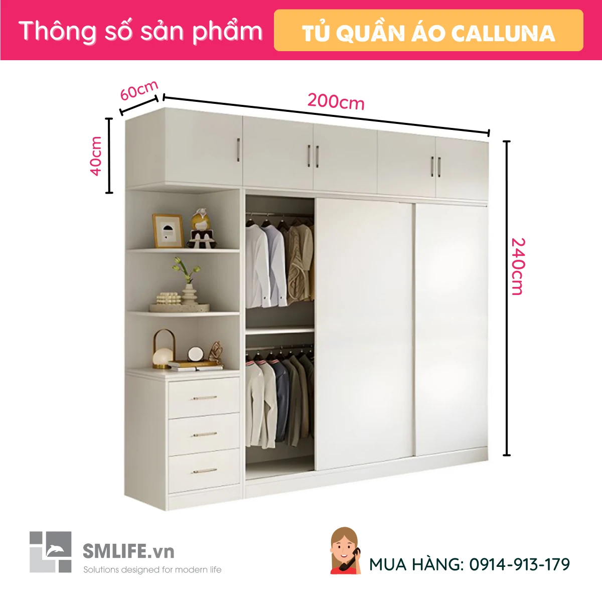 Tủ đựng quần áo cánh lùa bằng gỗ đa năng Calluna (2)