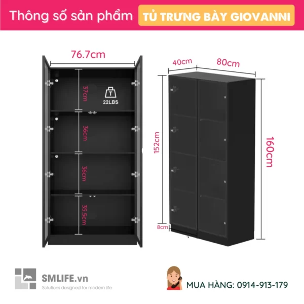 Tủ gỗ trang trí phòng khách cửa kính Giovanni (2)