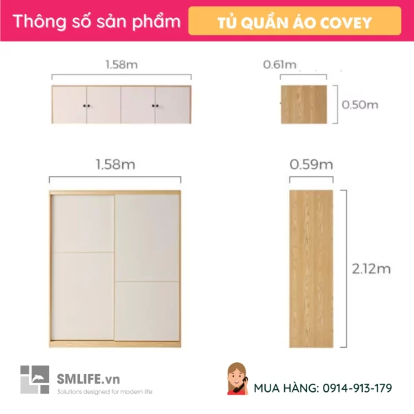 Tủ quần áo cánh lùa gỗ công nghiệp Covey (2)