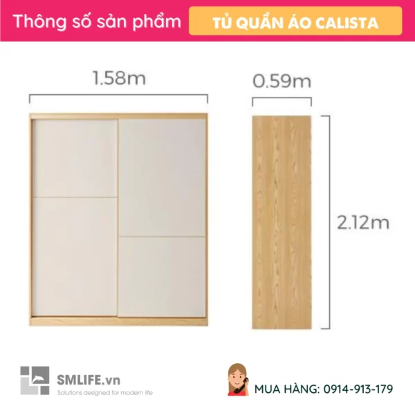 Tủ quần áo cửa lùa 2 cánh hiện đại Calista (2)