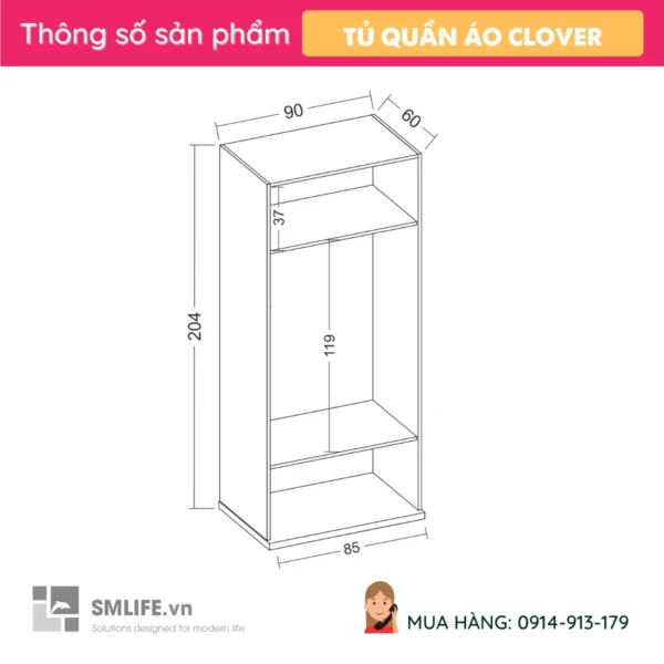 Tủ quần áo gỗ cánh kính cường lực Clover (2)