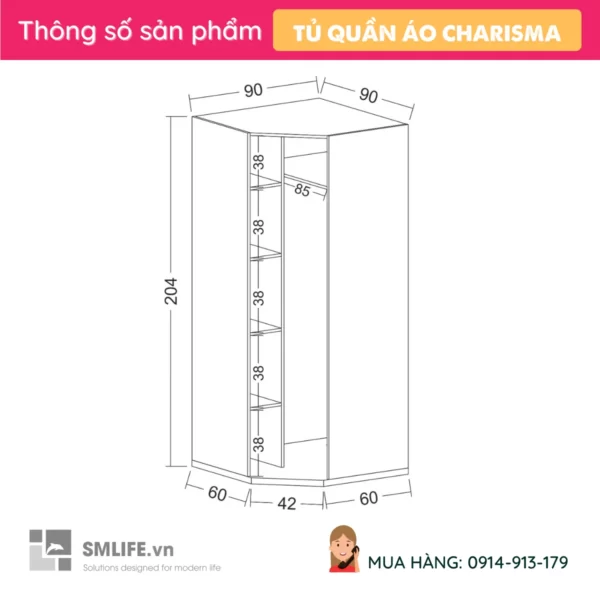 Tủ quần áo gỗ cánh kính đặt góc tường Charisma (2)