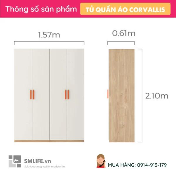 Tủ quần áo gỗ đẹp thiết kế đa năng Corvallis (2)