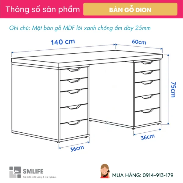 Bàn làm việc IKEA 2 tủ ngăn kéo bằng gỗ MDF Dion (2)