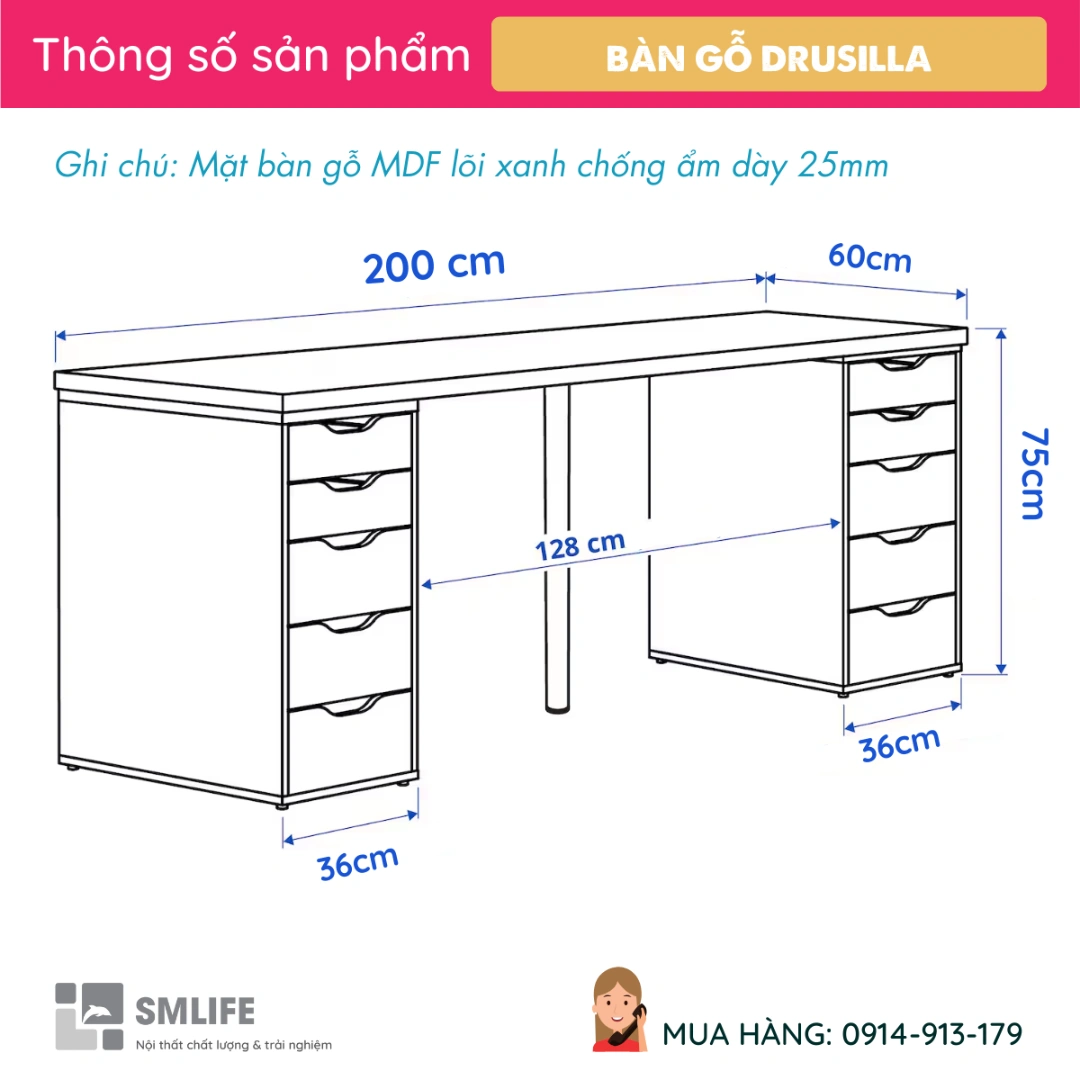 Ban lam viec IKEA 2 tu ngan keo dai 2m Drusilla 2