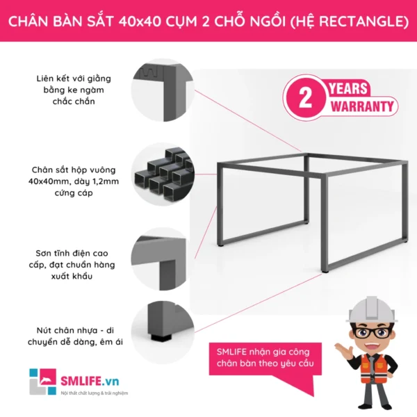 Chân bàn sắt 40x40 hệ Rectangle cụm 2 chỗ ngồi TM4040R.C2N (2)