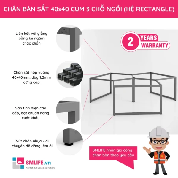 Chân bàn sắt 40x40 hệ Rectangle cụm 3 chỗ ngồi 120 độ TM4040R.C3N (2)