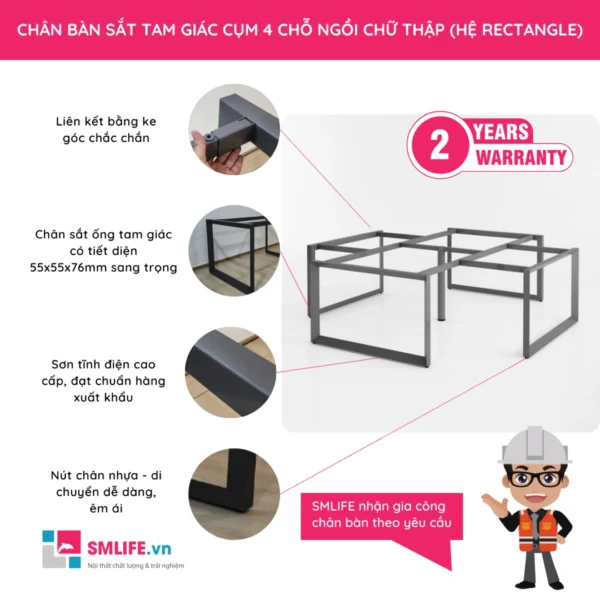 Chân bàn sắt tam giác hệ Rectangle cụm 4 chỗ ngồi chữ thập TGR.C4CT (2)