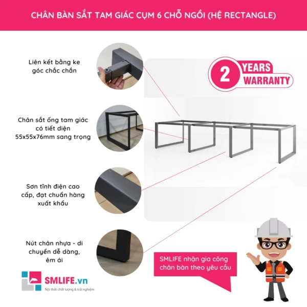 Chân bàn sắt tam giác hệ Rectangle cụm 6 chỗ ngồi TGR.C6N (1)