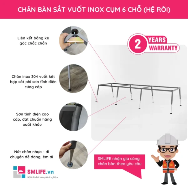 Chân bàn sắt vuốt Inox cụm 6 chỗ ngồi CVPI.C6N