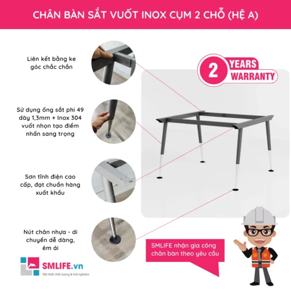 Chân bàn sắt vuốt Inox hệ A cụm 2 chỗ ngồi CVPAI.C2N (2)