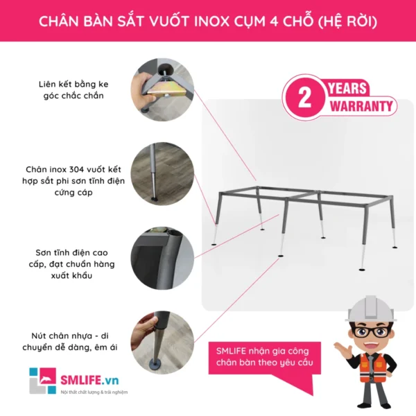 Chân bàn sắt vuốt Inox hệ rời cụm 4 chỗ ngồi CVPI.C4N (2)