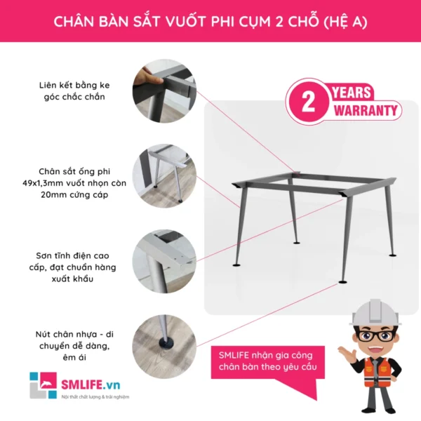 Chân bàn sắt vuốt phi hệ A cụm 2 chỗ ngồi CVPA.C2N (2)