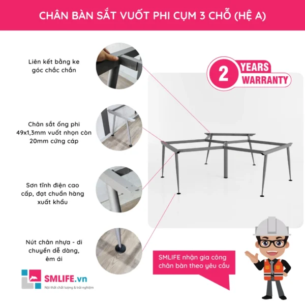 Chân bàn sắt vuốt phi hệ A cụm 3 chỗ ngồi CVPA.C3N (2)