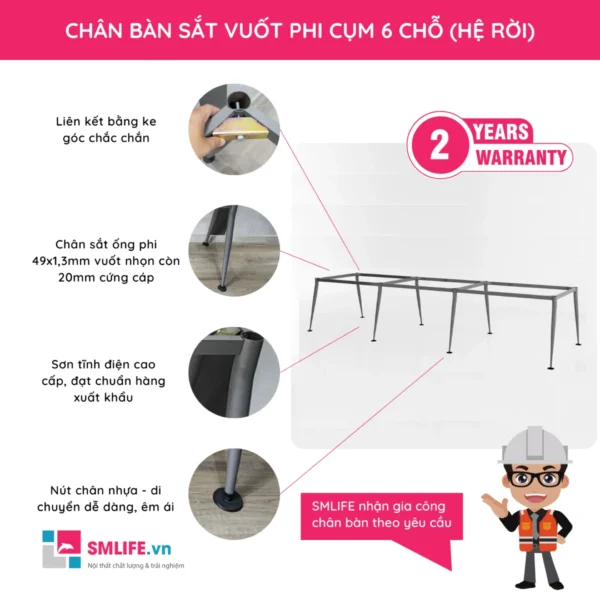 Chân bàn sắt vuốt phi hệ rời cụm 6 chỗ ngồi CVP.C6N (2)