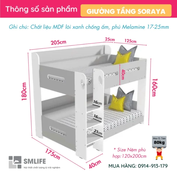 Giường gỗ 2 tầng cho bé thiết kế linh hoạt Soraya (2)