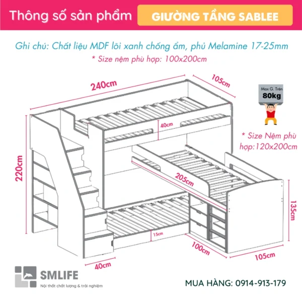 Giường ngủ đẹp ba tầng cho bé Sablee (2)