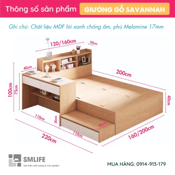 Giường ngủ hiện đại kết hợp bàn học sinh cho bé Savannah (2)