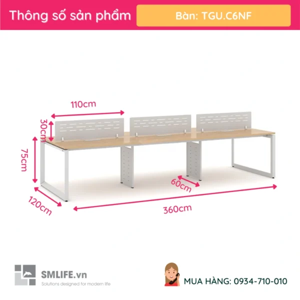 Cụm bàn làm việc 6 người chân sắt mặt gỗ cao cấp TGU.C6NF (2)