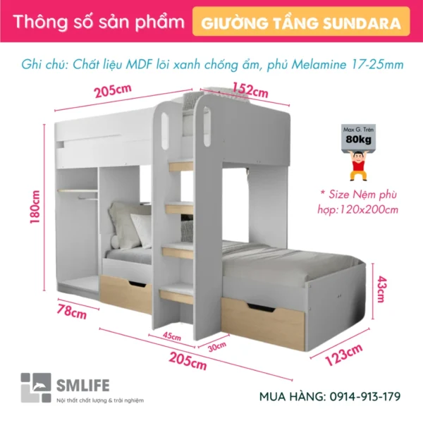 Giường tầng bằng gỗ cho bé thiết kế thông minh Sundara