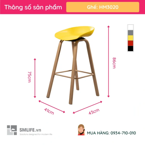 Ghe bar lung nhua thap chan sat son gia go HM3020 2
