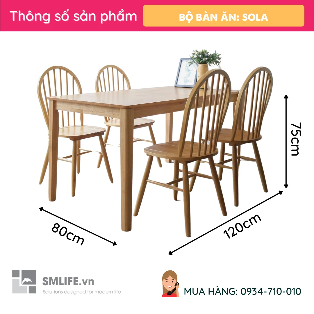 Bo ban an 4 ghe go tu nhien Sola 2 Bo ban an 4 ghe go tu nhien Sola 2