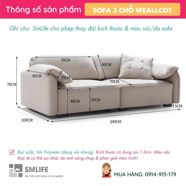Ghế Sofa văng cao cấp 3 chỗ tựa liền WEALLCOT (2)