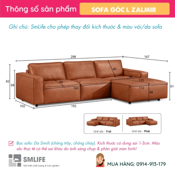Ghế sofa góc L bọc da phòng khách ZALMIR (2)