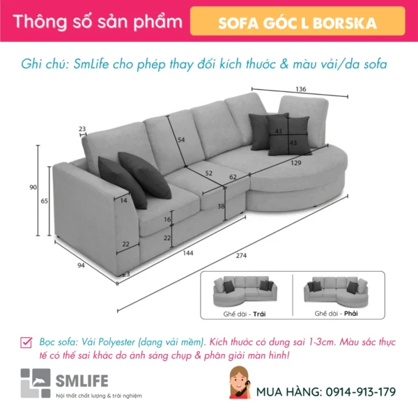 Ghế sofa góc L bọc vải phòng khách BORSKA (2)