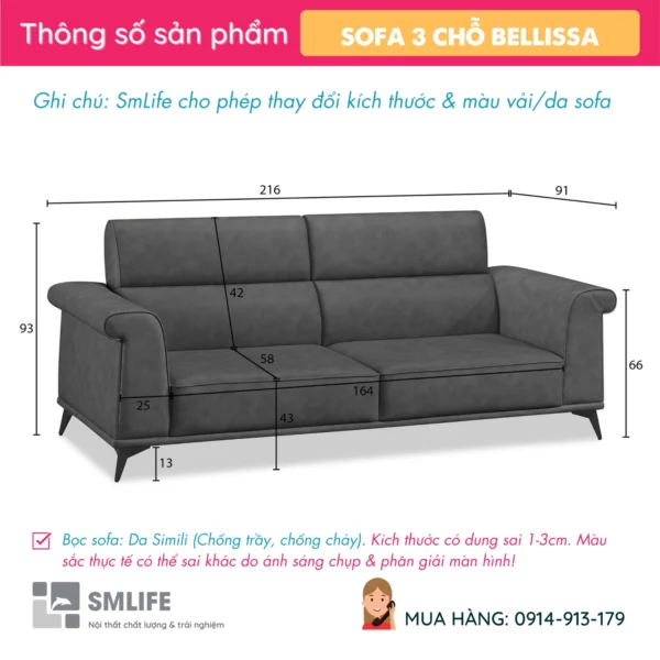 Mẫu ghế sofa da hiện đại 3 chỗ tựa liền BELLISSA (2)