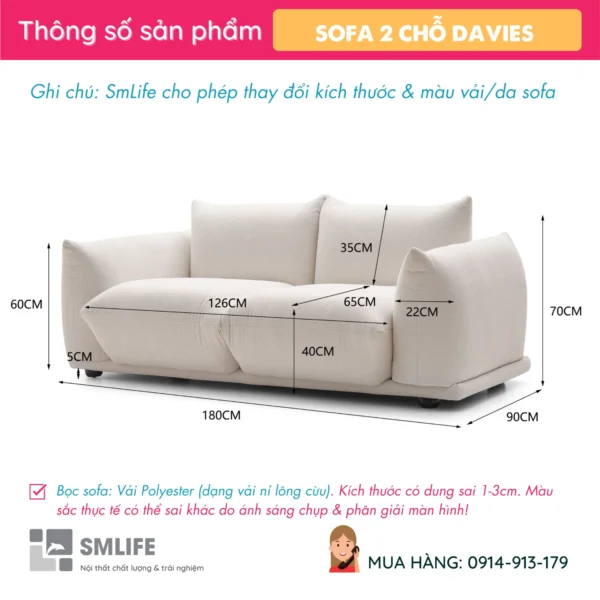 Sofa Băng bọc vải 2 chỗ tựa liền DAVIES (2)