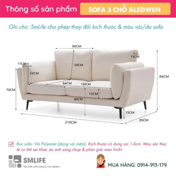 Sofa văng bọc vải có 3 chỗ ngồi ALEDWEN (2)