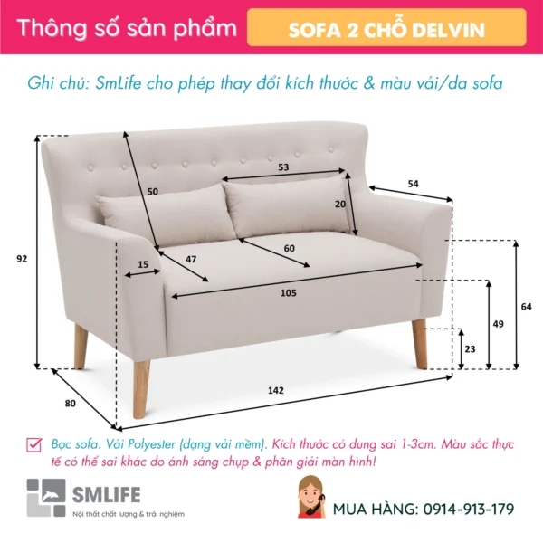 Sofa văng vải 2 chỗ tựa liền DELVIN (2)