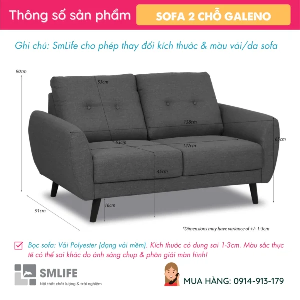 Sofa văng vải 2 chỗ tựa liền GALENO (2)