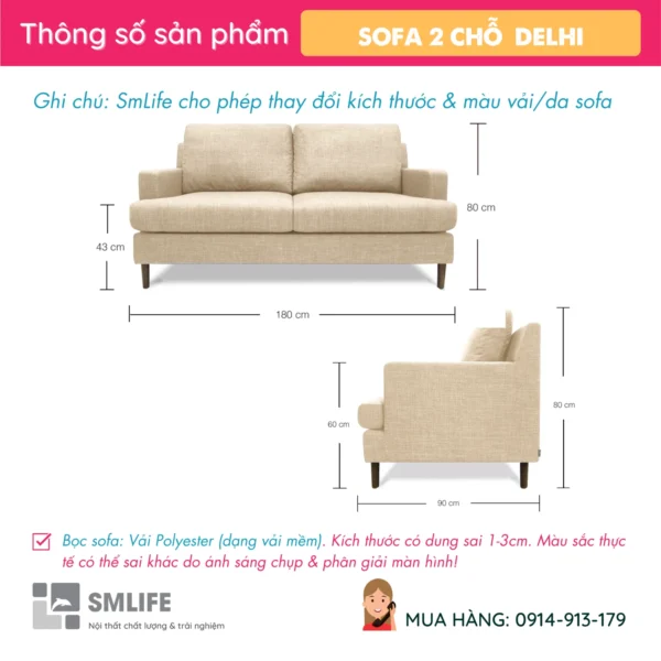 Sofa văng vải 2 chỗ tựa rời DELHI (2)