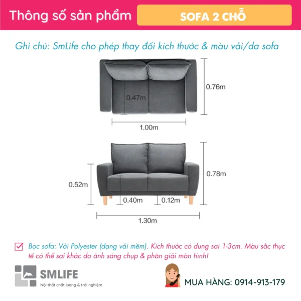 Sofa văng vải 2 chỗ tựa rời KESHIA (2)