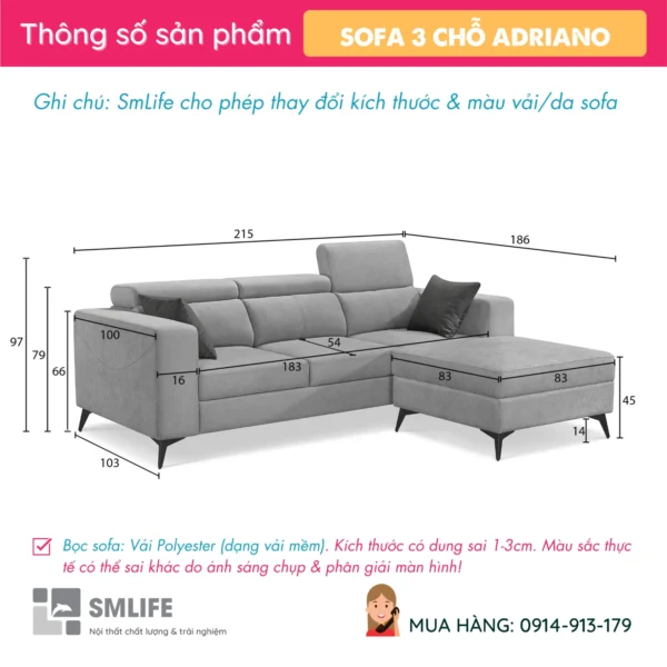 Sofa văng vải 3 chỗ tựa gật gù kèm ghế đôn ADRIANO (2)